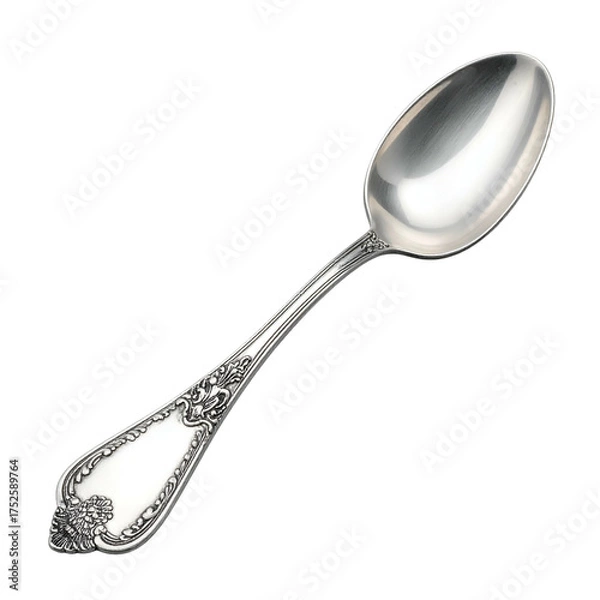 Obraz Ornate silver spoon with detailed decorative handle on black.