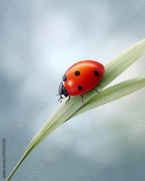 Fototapeta Ladybug crawling on stem concept, A vibrant ladybug perched delicately on a green leaf.