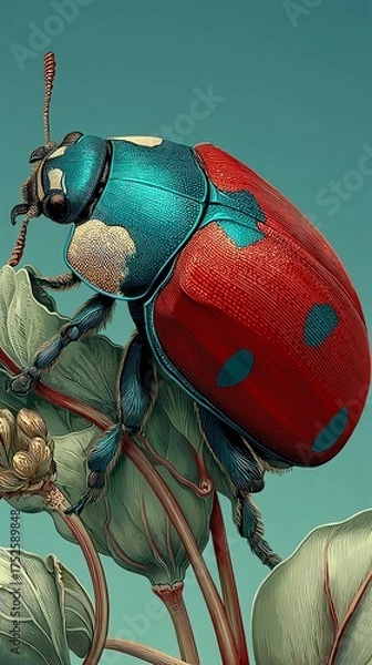 Fototapeta Ladybug crawling on stem concept, Colorful insect resting on green leaves, showcasing nature's beauty.