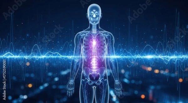Fototapeta Abstract digital human body skeleton with glowing spine and futuristic blue energy field