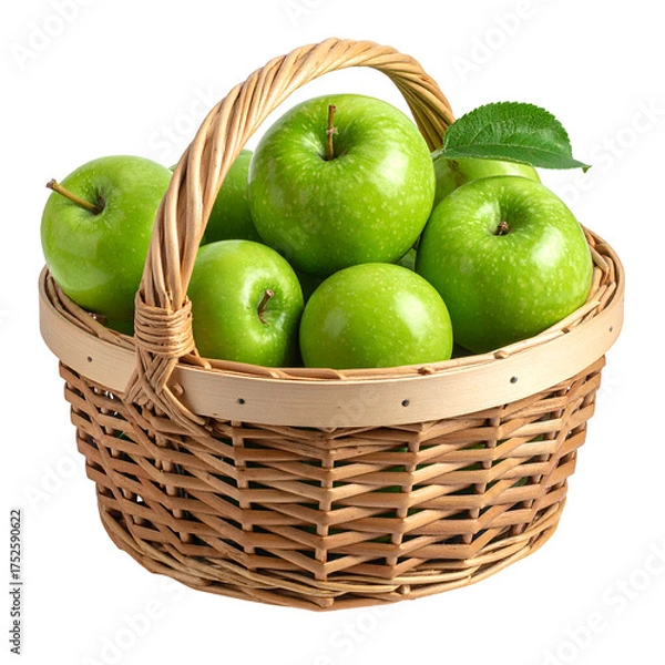 Obraz Wicker basket overflows with vibrant green apples on a dark background.