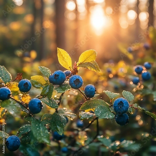 Fototapeta Wild blueberries in sunlit forest with dew-kissed leaves and autumnal vibe  high resolution   for isolate image