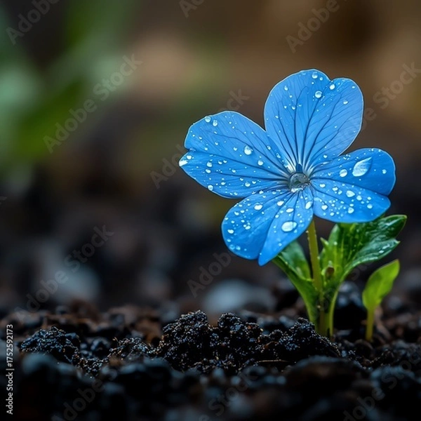 Fototapeta Vibrant blue flower with dewdrops on soil background capturing nature's beauty  high resolution   for isolate image