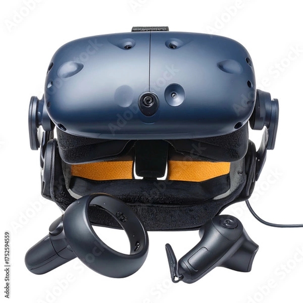 Obraz Immersive virtual reality headset and controllers on black background.