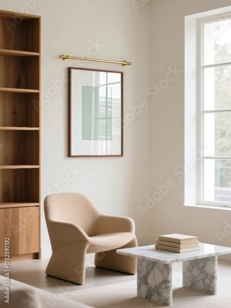 Obraz Mockup poster frame in stylish modern living room interior with beige armchair, marble coffee table, wooden bookshelf, and large window