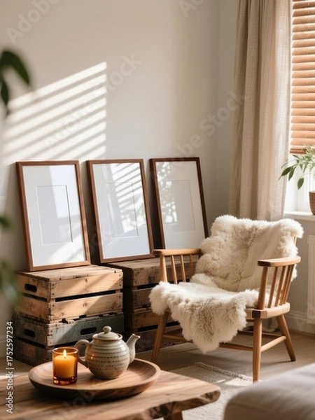 Obraz Three mockup poster frames in cozy Scandinavian interior with wooden furniture, soft natural light, and warm minimalist home decor