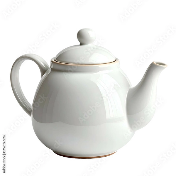 Fototapeta White ceramic teapot with lid and handle on black background.