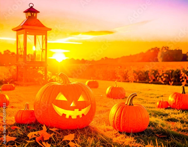 Fototapeta Smiling Pumpkins in the Golden Light
