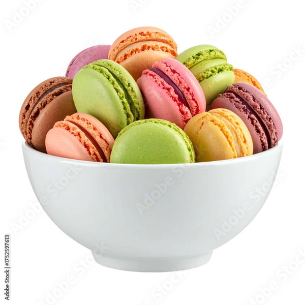 Fototapeta Colorful assorted macarons fill a white bowl against a black background.
