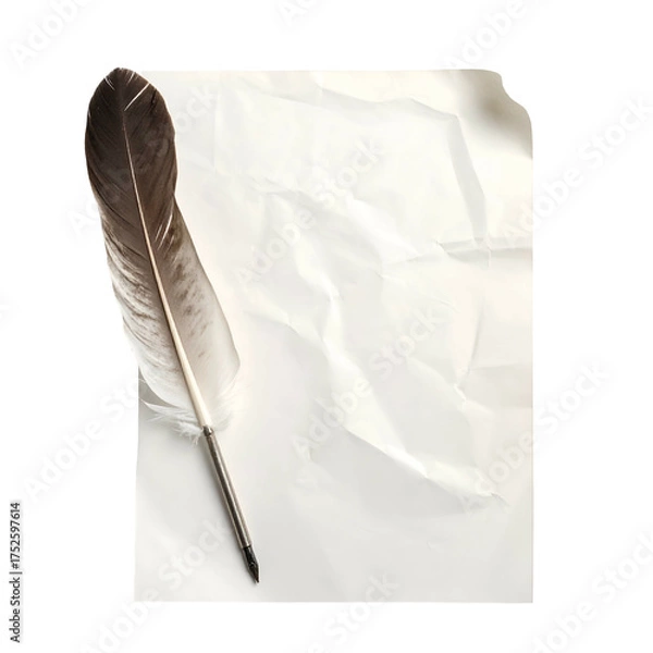 Fototapeta Feather quill rests on crumpled paper awaiting words to be written.