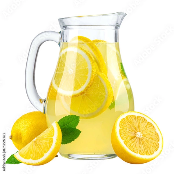 Fototapeta Refreshing pitcher of lemonade with lemons and mint leaves.