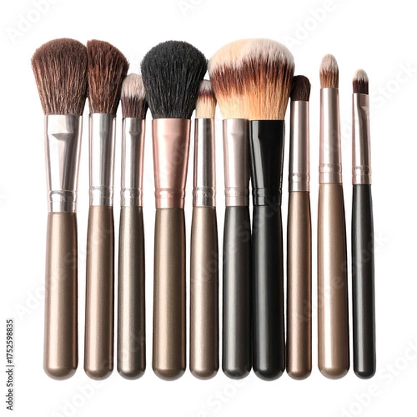 Fototapeta Assorted makeup brushes arranged in a row on a black background.