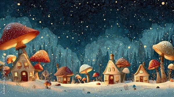 Fototapeta Whimsical Christmas forest with tiny houses lit from within, glowing mushrooms, and a starry night sky.