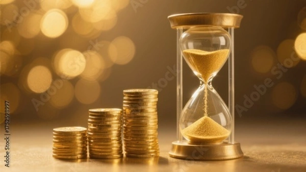 Obraz hourglass and coins represent time is money and financial investment