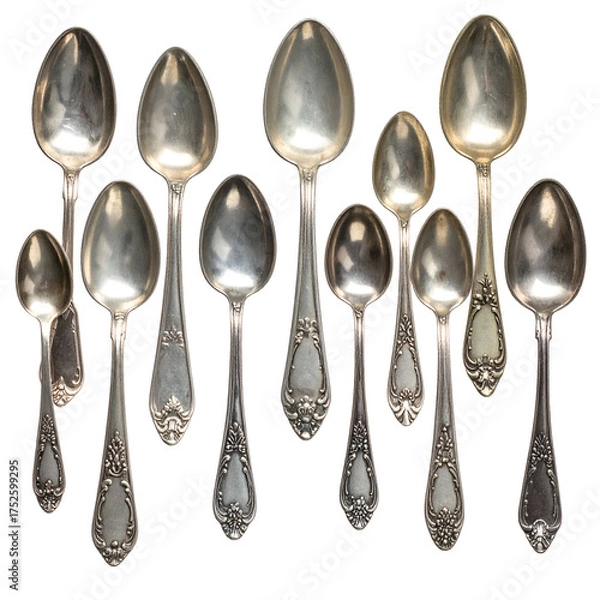 Fototapeta Collection of antique silver spoons arranged in a dark  setting.