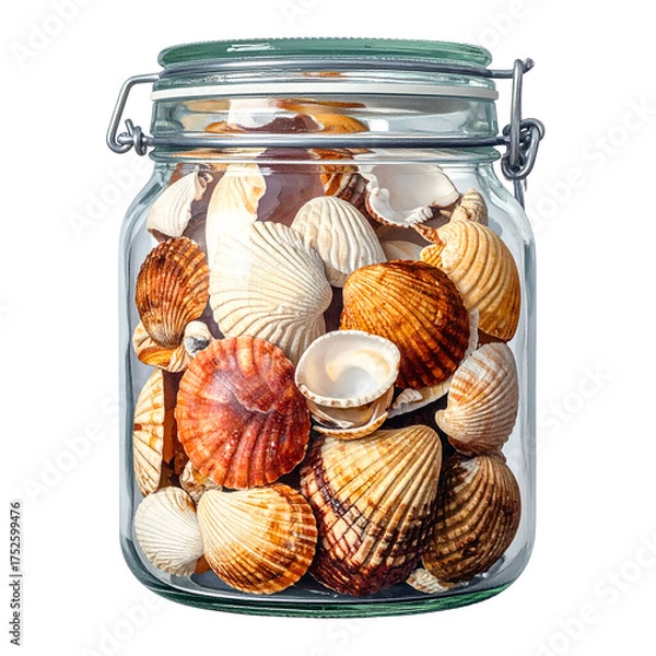 Obraz Many seashells fill a clear glass jar with a lid.