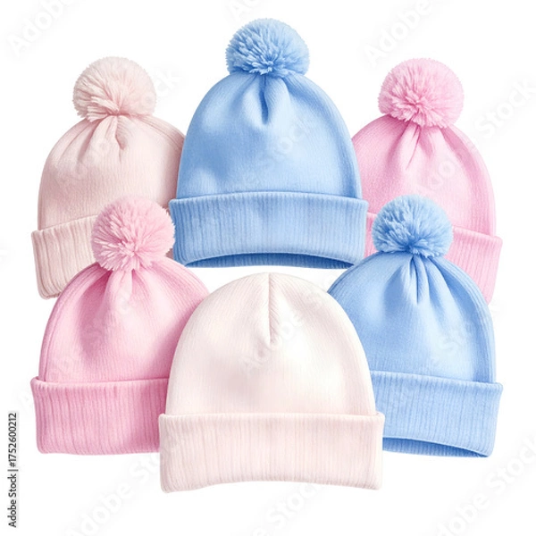 Fototapeta Group of five soft pom pom beanies in pastel pink and blue colors.