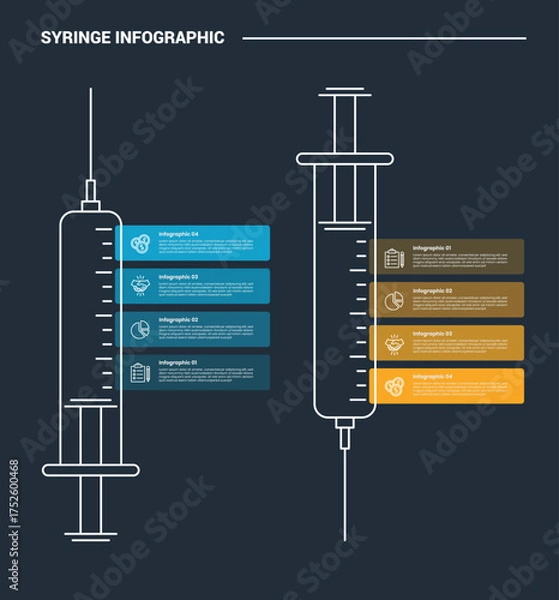 Fototapeta syringe medical health infographic process diagram with opposite syringe up and down direction with dark background bright outline style 2 points