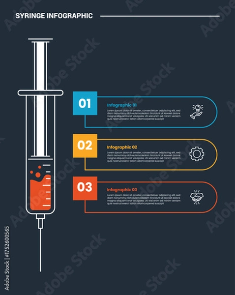 Fototapeta syringe medical health infographic process diagram with vertical standing with outline rectangle with square badge with dark background bright outline style 3 points