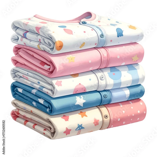 Fototapeta Stack of folded baby pajamas with cute cartoon patterns.