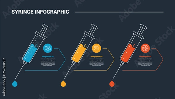 Fototapeta syringe medical health infographic process diagram with tilt syringe with outline rectangle container with circle badge with dark background bright outline style 3 points