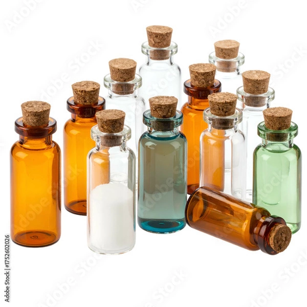 Fototapeta Assortment of small glass bottles with cork stoppers on black background.