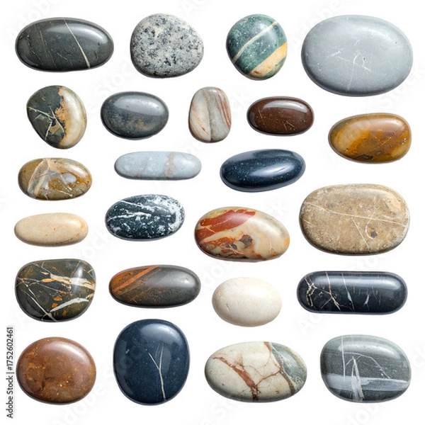 Fototapeta Collection of smooth, polished stones with varied colors and textures on black.