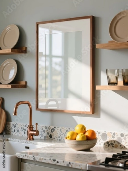 Obraz Mockup poster frame in modern kitchen interior with wooden accents, terrazzo countertop, copper faucet, and natural sunlight