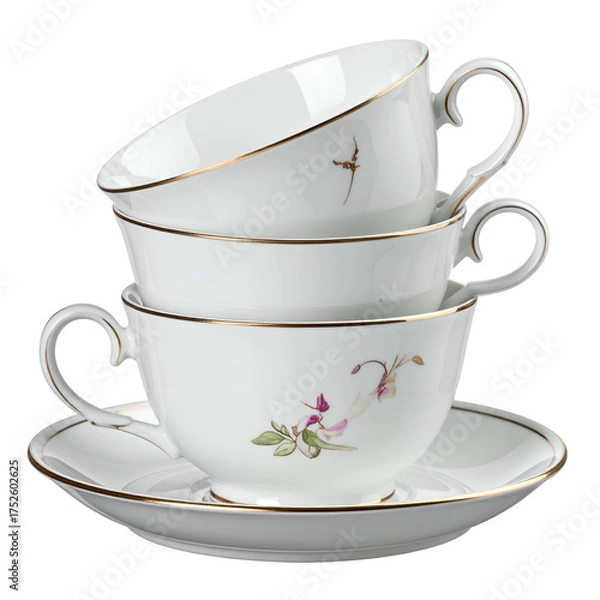 Fototapeta Stacked fine china teacups with gold trim and floral design.