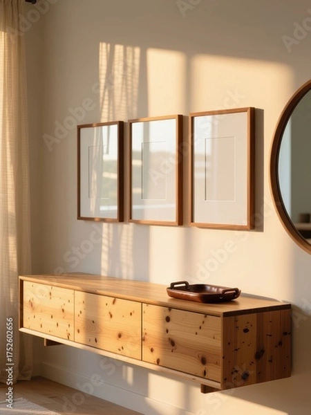 Obraz Three mockup poster frames above floating wooden sideboard in minimalist Scandinavian living room interior with natural sunlight