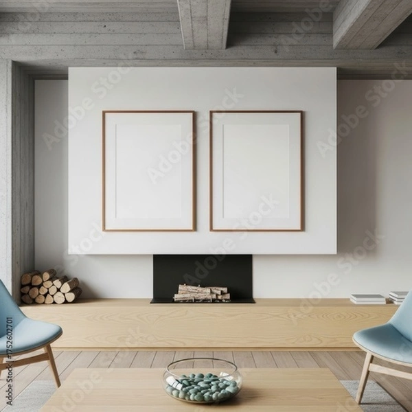 Obraz Two mockup poster frames in a modern Scandinavian living room interior above a minimalist fireplace with light wood furniture, soft natural tones, and contemporary decor elements