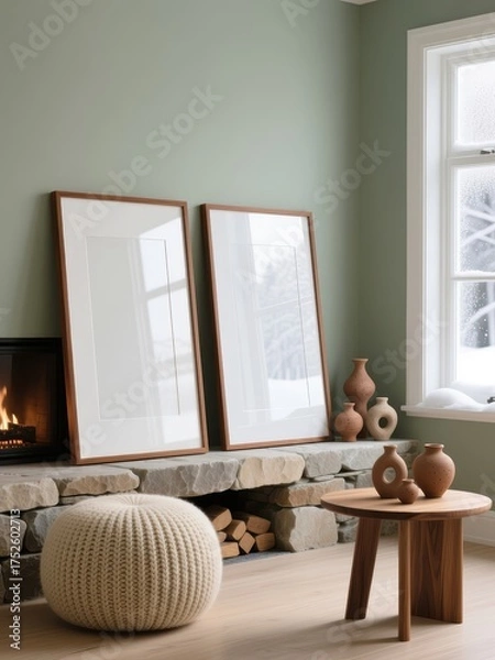 Obraz Two mockup poster frames leaning on stone fireplace wall in cozy Scandinavian living room interior with minimalist decor and natural light