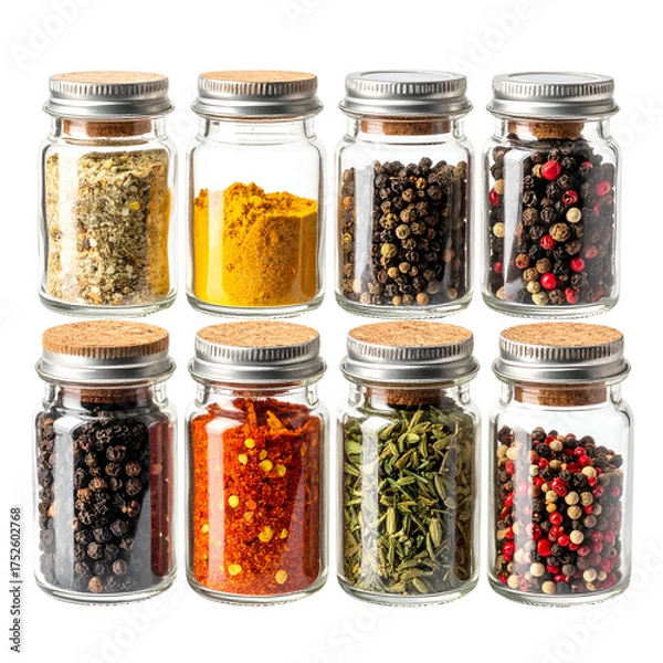 Fototapeta Small glass jars filled with various colorful spices sit on a black background.