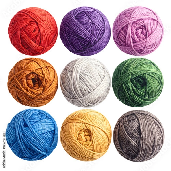 Fototapeta Nine colorful balls of yarn arranged in three rows on black.