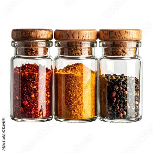 Fototapeta Three glass spice jars with wooden lids contain different seasonings.
