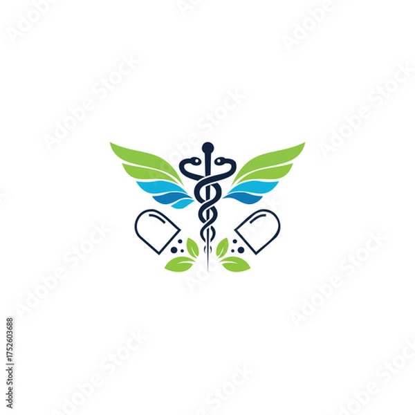 Obraz Medical caduceus logo with wings and capsule design