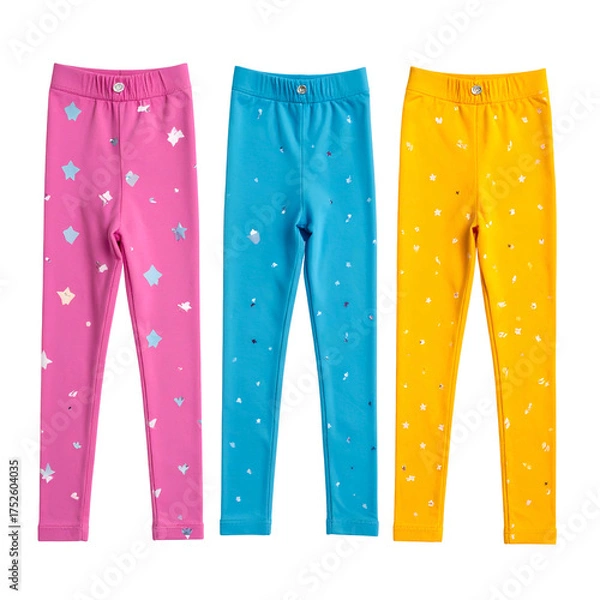 Fototapeta Three colorful patterned leggings are displayed on a black background.