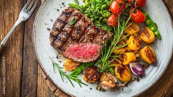 Fototapeta Grilled steak with vegetables on a plate, presented over a rustic wooden table