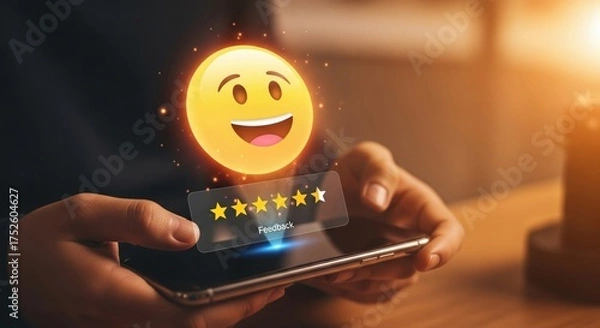Fototapeta Person using smartphone showing 3D holographic smiling emoji and 5-star rating interface, feedback system UI concept, warm orange ambient light