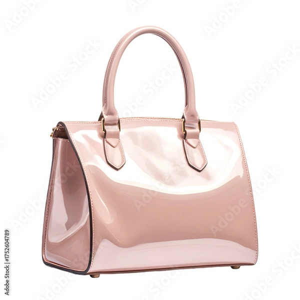 Obraz Glossy pink handbag with top handles and gold hardware on black.