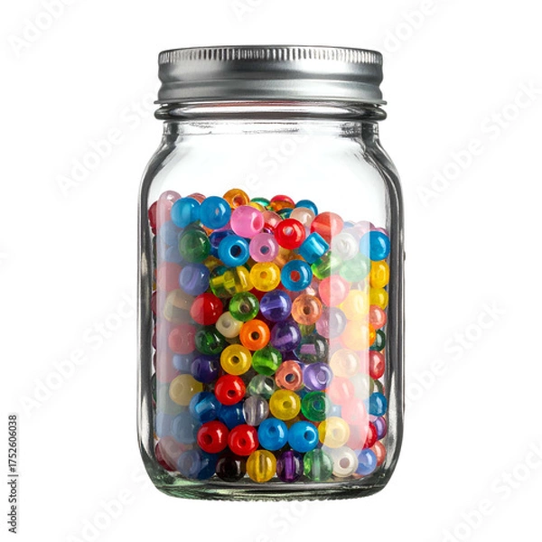 Obraz Glass jar filled with colorful craft beads against a black background.