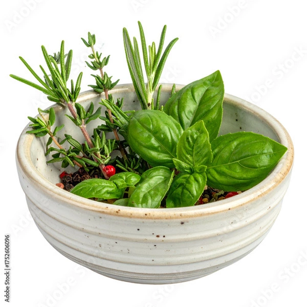 Obraz Fresh basil, rosemary, and thyme sprigs in a ceramic bowl.
