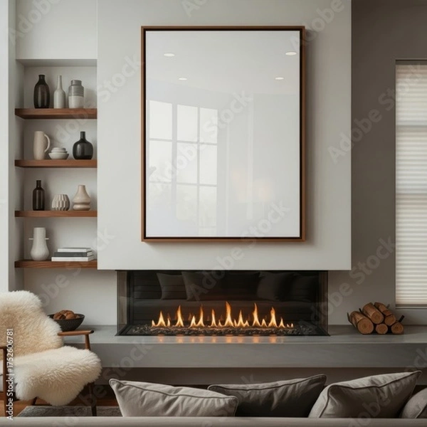Obraz Mockup poster frame above modern fireplace in cozy minimalist living room interior with wooden shelves and Scandinavian decor