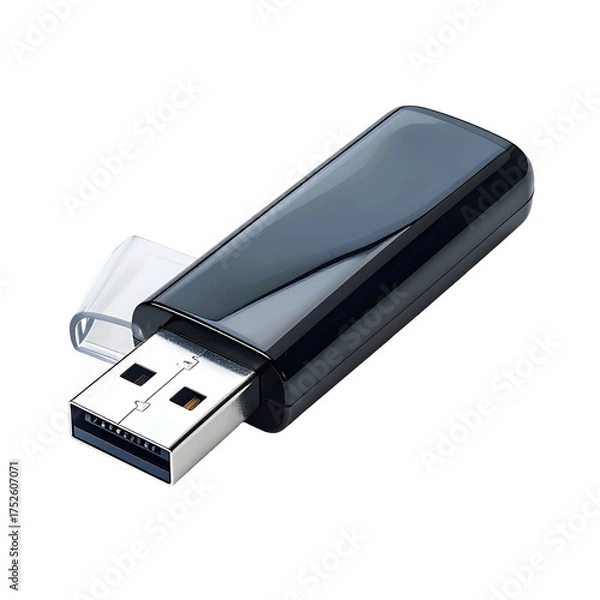 Fototapeta Black USB flash drive with clear cap on black background.