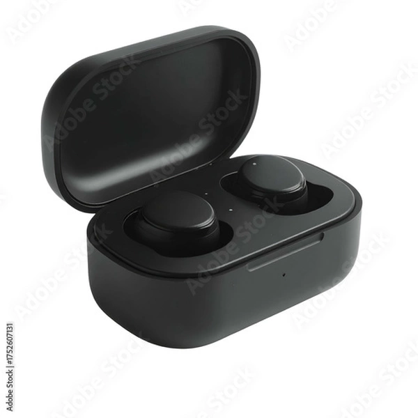 Fototapeta Black wireless earbuds are placed inside their open charging case.