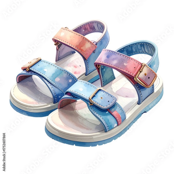 Fototapeta Colorful watercolor sandals for children feature adjustable straps and buckles.