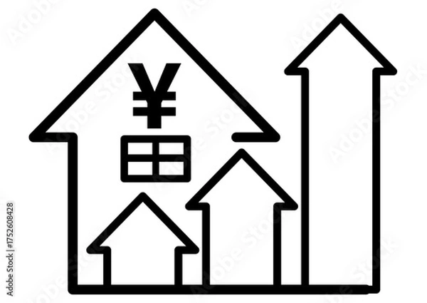 Obraz 家, 自宅, 物件, 矢印, 値上げ, 不動産, 投資, 住宅, 価値, 資産価値, 上がる, 値上がり, 金, 高騰, 上昇, 増える, お金, 地価, 戸建て, 賃貸, マイホーム, 建築, 家賃, 資産, ローン, 価格, 住宅ローン, 金利, 変動, マンション, 土地, 一戸建て, 固定資産税, アップ, 物価, アイコン, 暮らし, 生活, シンプル, デフォルメ, イラスト, 生活費