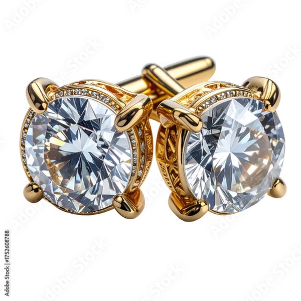 Fototapeta Ornate gold cufflinks boast large clear gemstones with intricate detailing.