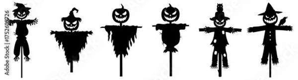 Fototapeta Halloween scarecrow collection with pumpkin heads, witch hats, crows and ragged clothes