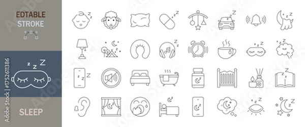 Fototapeta Sleep icon set. Editable line icons. Vector illustration. 